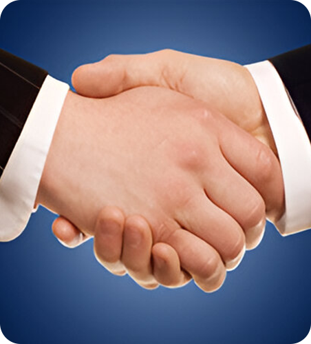 Two people shaking hands in a blue background