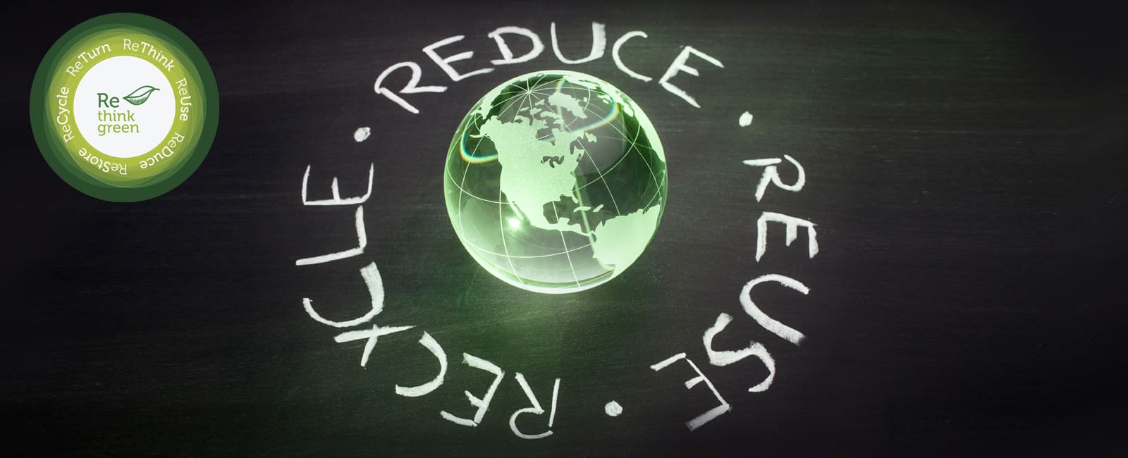A green globe with the words reduce, reuse and recycle written in it.